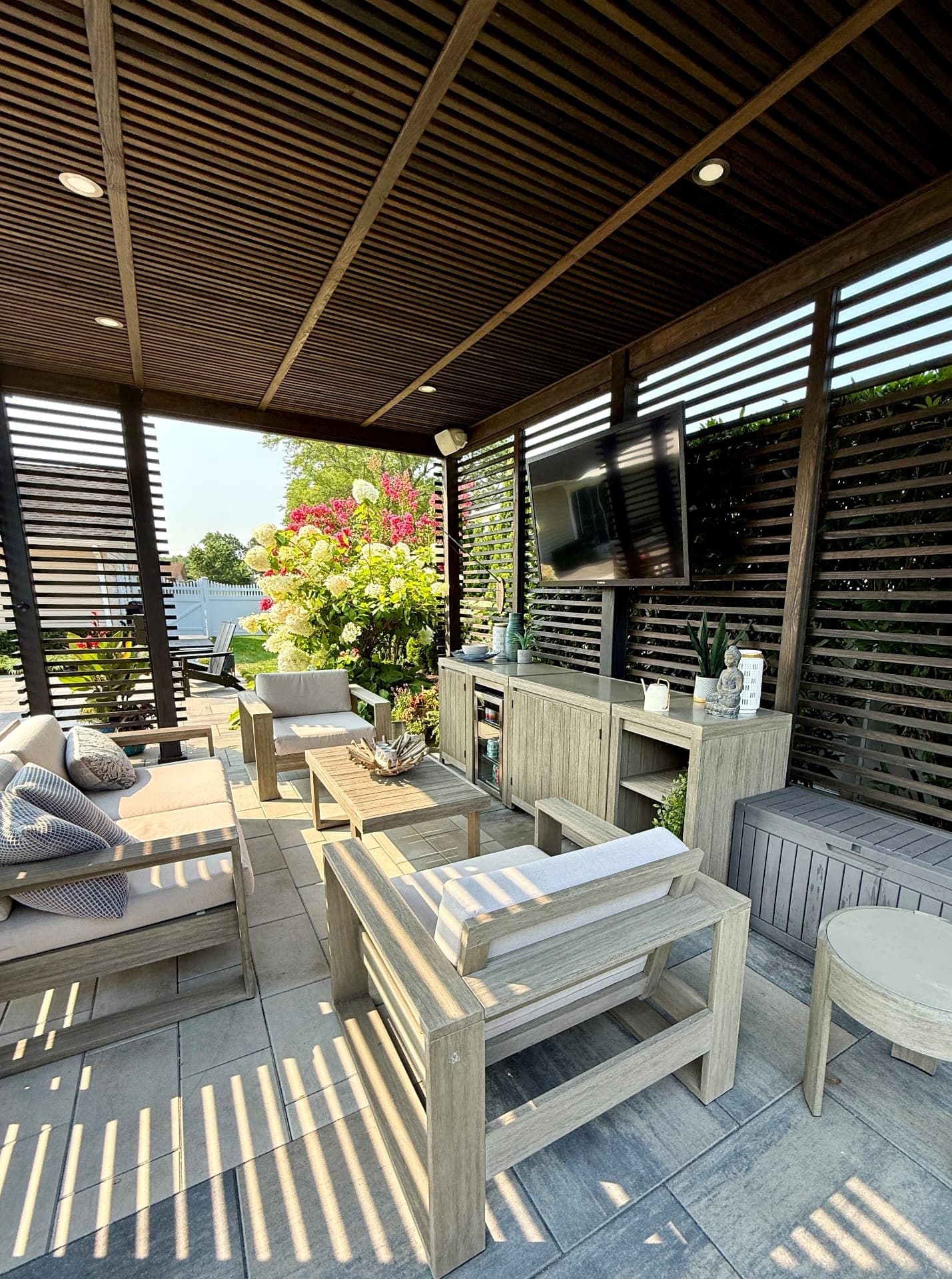 Specialty Paver Services in Utah Covered outdoor living area with pavers, an outdoor kitchen and dining space, specialty paver services by Empire Pavers in Utah