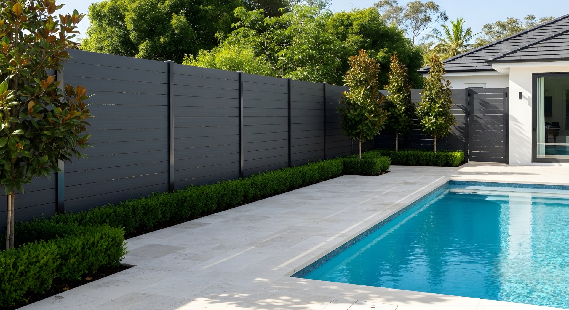Pool Deck Pavers in Utah Modern swimming pool surrounded by light stone paver pool decking, pool deck pavers by Empire Pavers in Utah